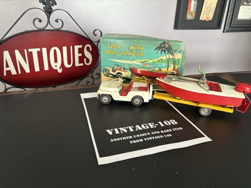 Vintage Friction Jeep w/Boat & Trailer & box! Japan Shioji & Co SSS Int. Rare! - Picture 3 of 23