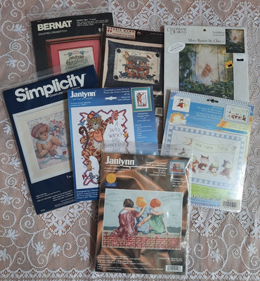Lot of 7 Counted Cross Stitch Kits Simplicity Bernat Janlynn