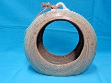 New Fly Through Bird Feeder,Hanging, Pottery, Circle in Greens Cream, 10" by 9"