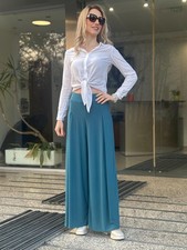 Custom Elastic Palazzo Green Pants, Elastic Waist, Elegant Wide Leg Trousers