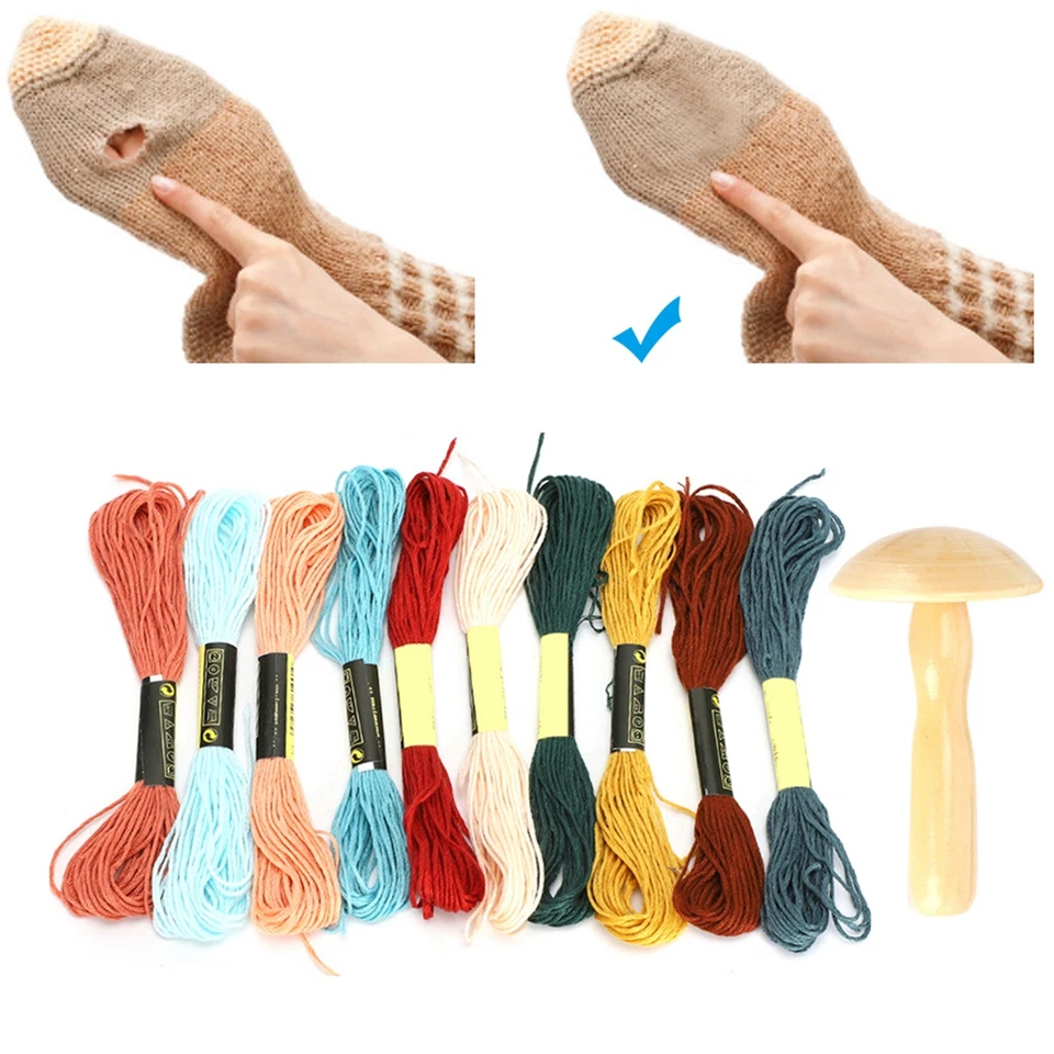 Wooden Darning Supplies Kit Mushroom Patching Threads Tool For DIY Sewing - Image 2 of 4