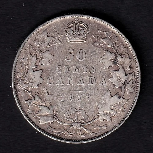 Canada 1919 50c Fifty Cent Silver Coin King George V F Fine .925 Silver