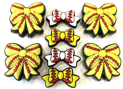 F100 (8pcs) 1 - 1 1/4  BOW Yellow SOFTBALL Design  Theme Silicone FOCAL BEADS