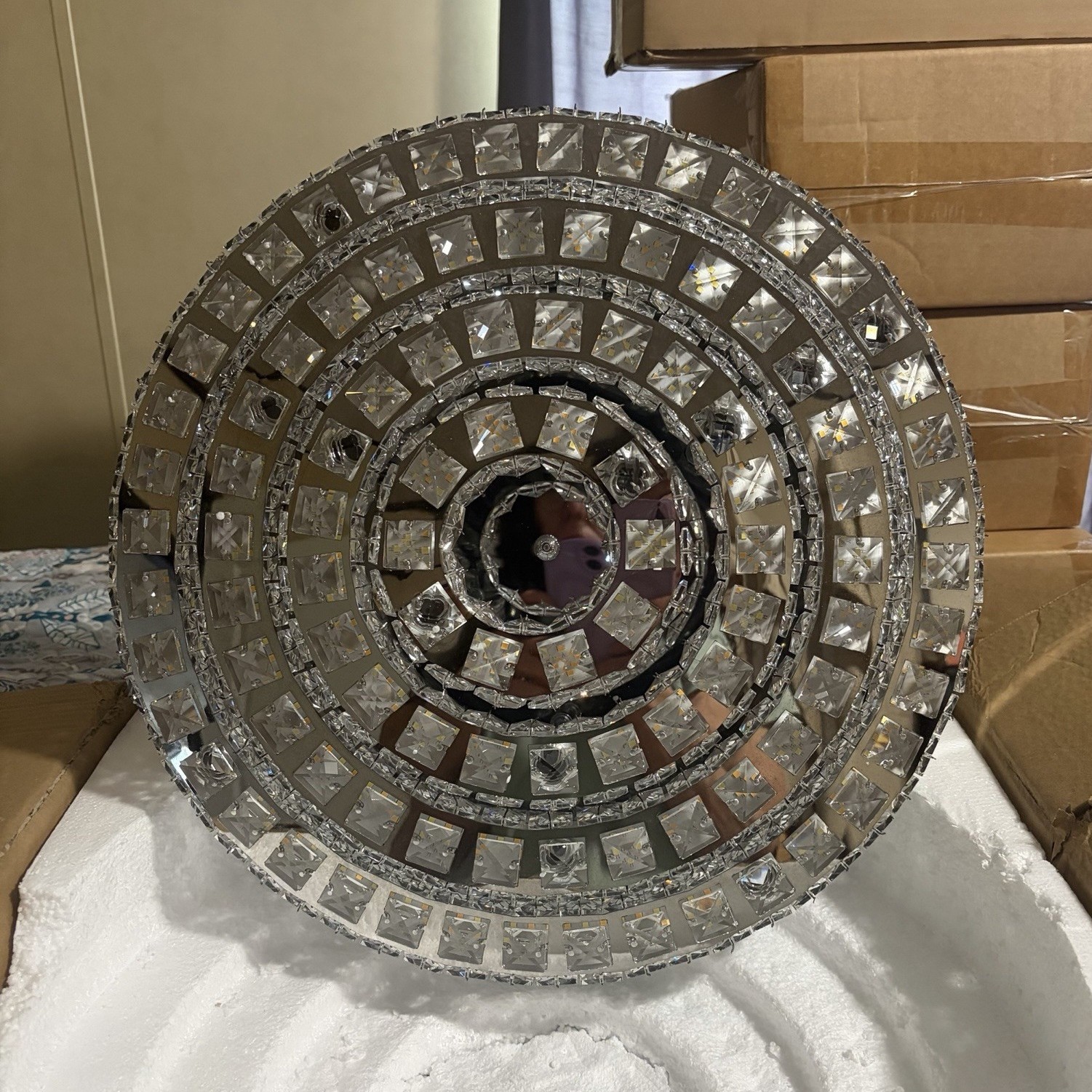 Round Crystal LED Flush Mount Ceiling Light, Dimmable, Remote Control, Silver