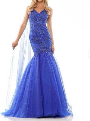 Colors Dress Royal Blue Mermaid Gown Tulle Beaded V-Neck Size 12 2993
