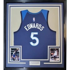 Framed Autographed/Signed Anthony Edwards 35x39 Minnesota Blue Jersey BAS COA