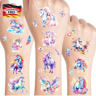 Kinder Tattoo Set mit Glitzereinhörnern, 12 Blätter, hautfreundlich, partyfreund