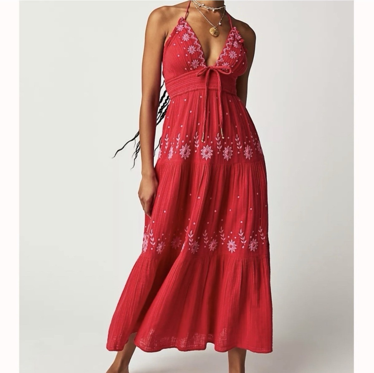 Free People Real Love Embroidered Dress In Cranberry Juice Combo Size Medium