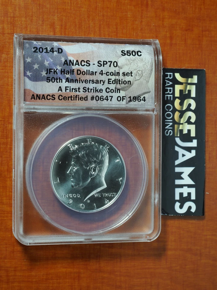 2014 W РЕВЕРСИВНЫЙ ПРУФ СЕРЕБРО KENKENNEDY ANACS PR70 SP70 50-Я ГОДОВЩИНА НАБОР ИЗ 4 МОНЕТ - Изображение 3 из 4