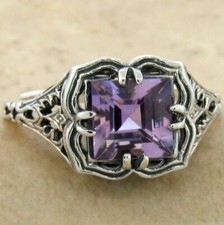 GENUINE AMETHYST ART DECO STYLE 925 STERLING SILVER FILIGREE RING     780X
