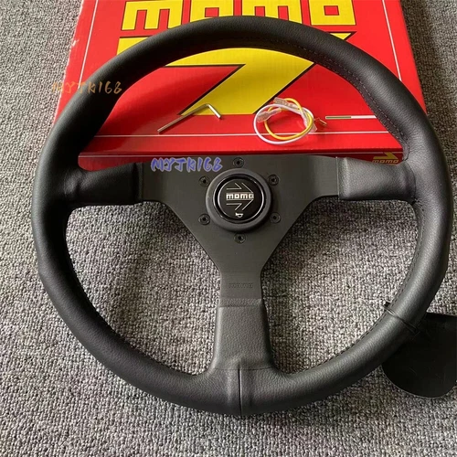 14Inch MOMO Leather Steering Wheel Black horn Flat bracket for Universal 340MM - Picture 7 of 8