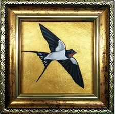 Swallow painting original Bird oil painting Small Gold Art Frame Artwork Gift