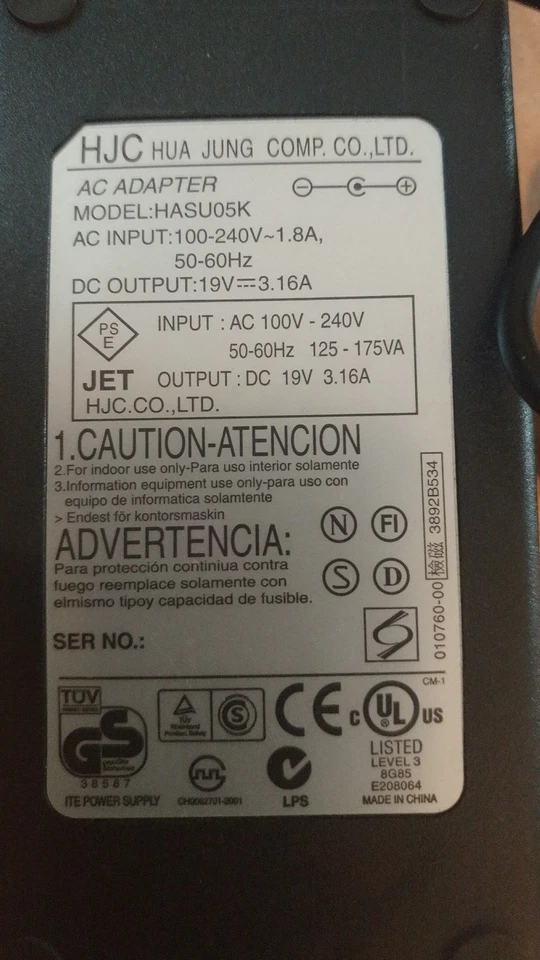 Genuine HJC Hua Jung HASU05F Monitor/Surveillance AC Adapter pwr cord HASU05K - Image 2 of 3