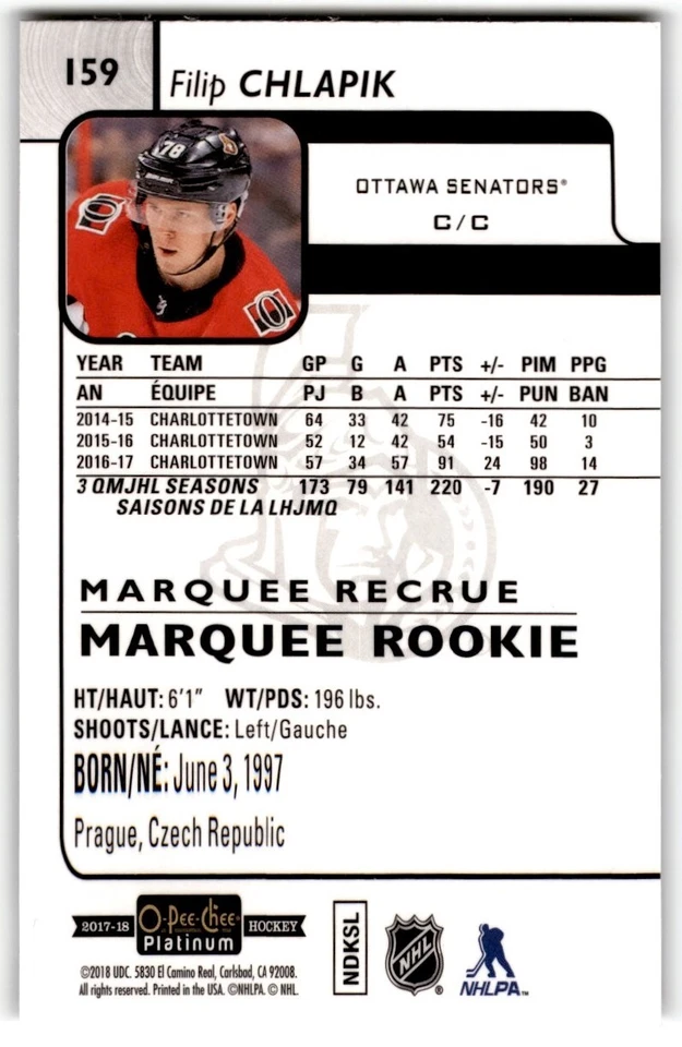 2017-18 O-Pee-Chee Platinum Filip Chlapik Rookie #159 Ottawa Senators - Image 2 of 2