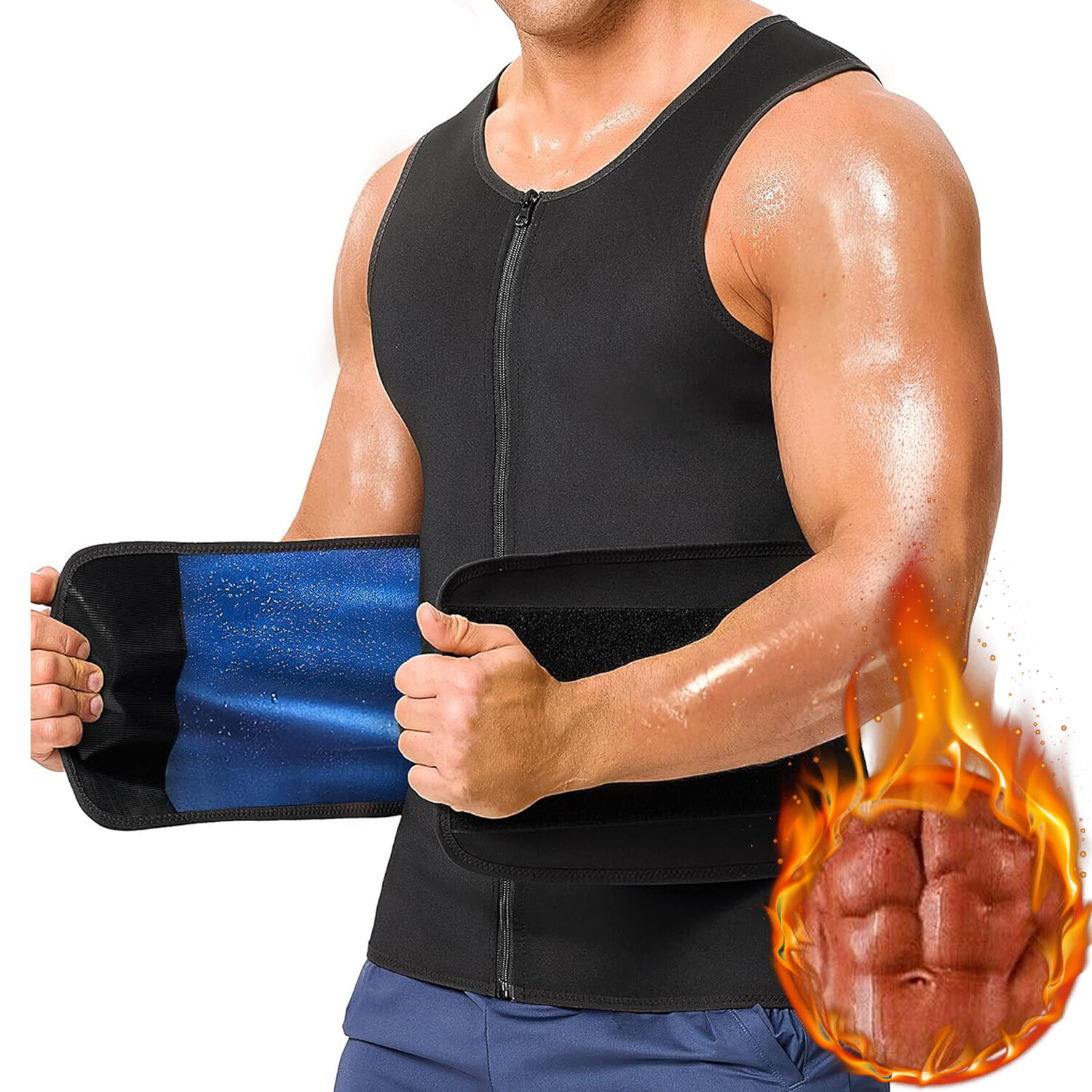 Men's Sauna Sweat Vest with Zipper & Waist Trimmer Belt for Workouts