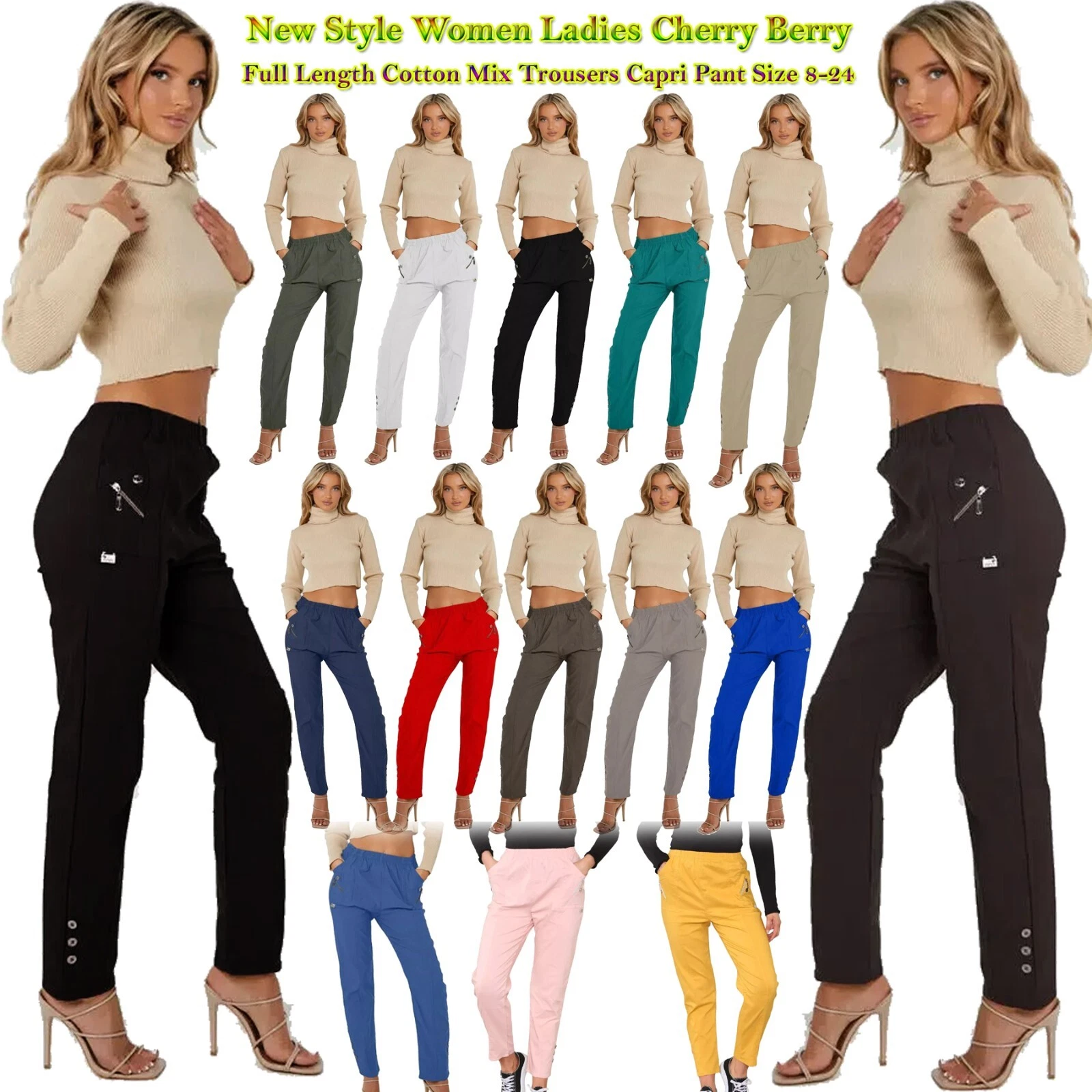 New Style Women Lady Cherry Berry Full Length Cotton Trouser Casual Stretch Pant