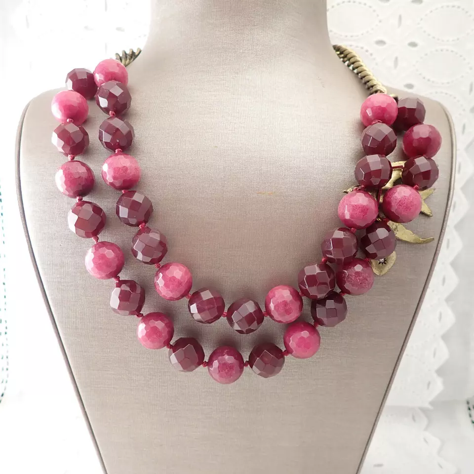 Collar Fósil Arándano Rosa Corindón Facetado Doble Hilo Pájaro 21" Bronce Foto 4 de 4