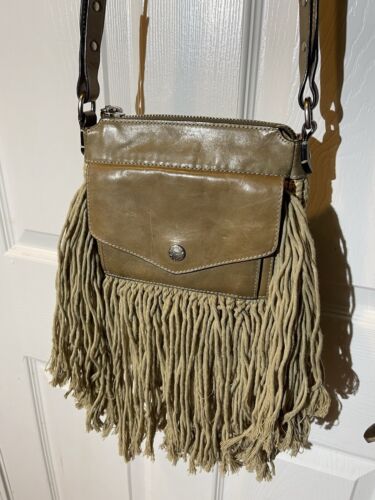 Ghurka Leather & Textile Khaki Woven & Fringe Crossbody Bag - Picture 2 of 13