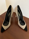 YSL Saint Laurent Paris Suede Pointy Toe Pump Tan Beige Black — photo 1