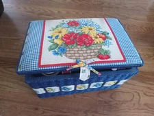 Vintage Blue Teddy Bear Sewing Basket~Compartment Shelf~ Swing Handle~Crafts Box