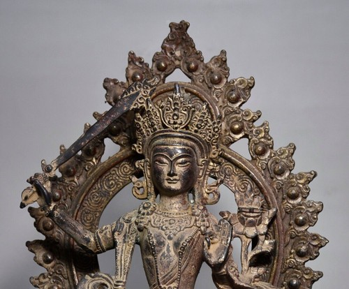 10" Old Antique Tibet Tibetan Buddhism temple Bronze Bodhisattva Manjusri statue - Picture 3 of 9
