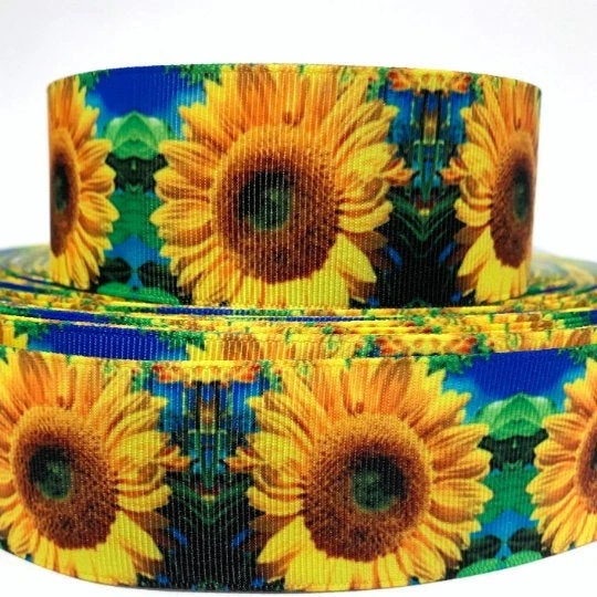GROSGRAIN RIBBON 5/8", 7/8",1.5", 3" Sunflowers Summer Spring Flowers Printed - Image 1 of 1