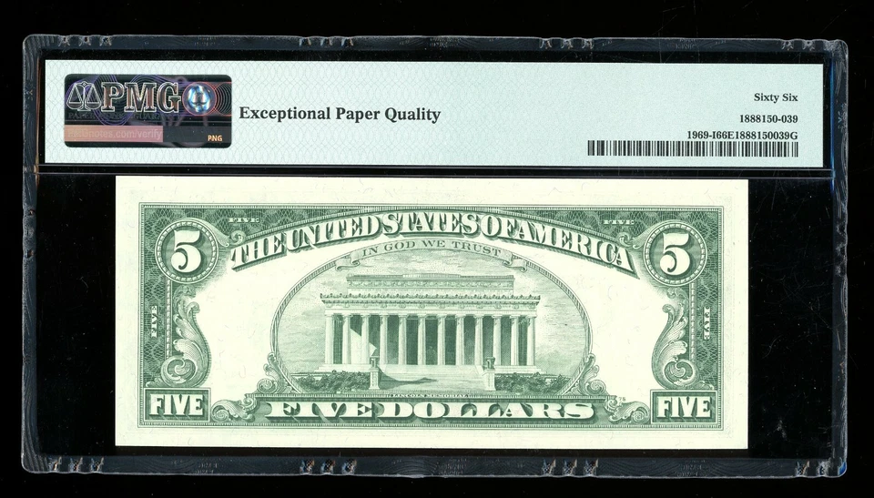 DBR 1969 $5 FRN Minneapolis Gem Fr. 1969-I PMG 66 EPQ Serial I00740659A - Image 2 of 2