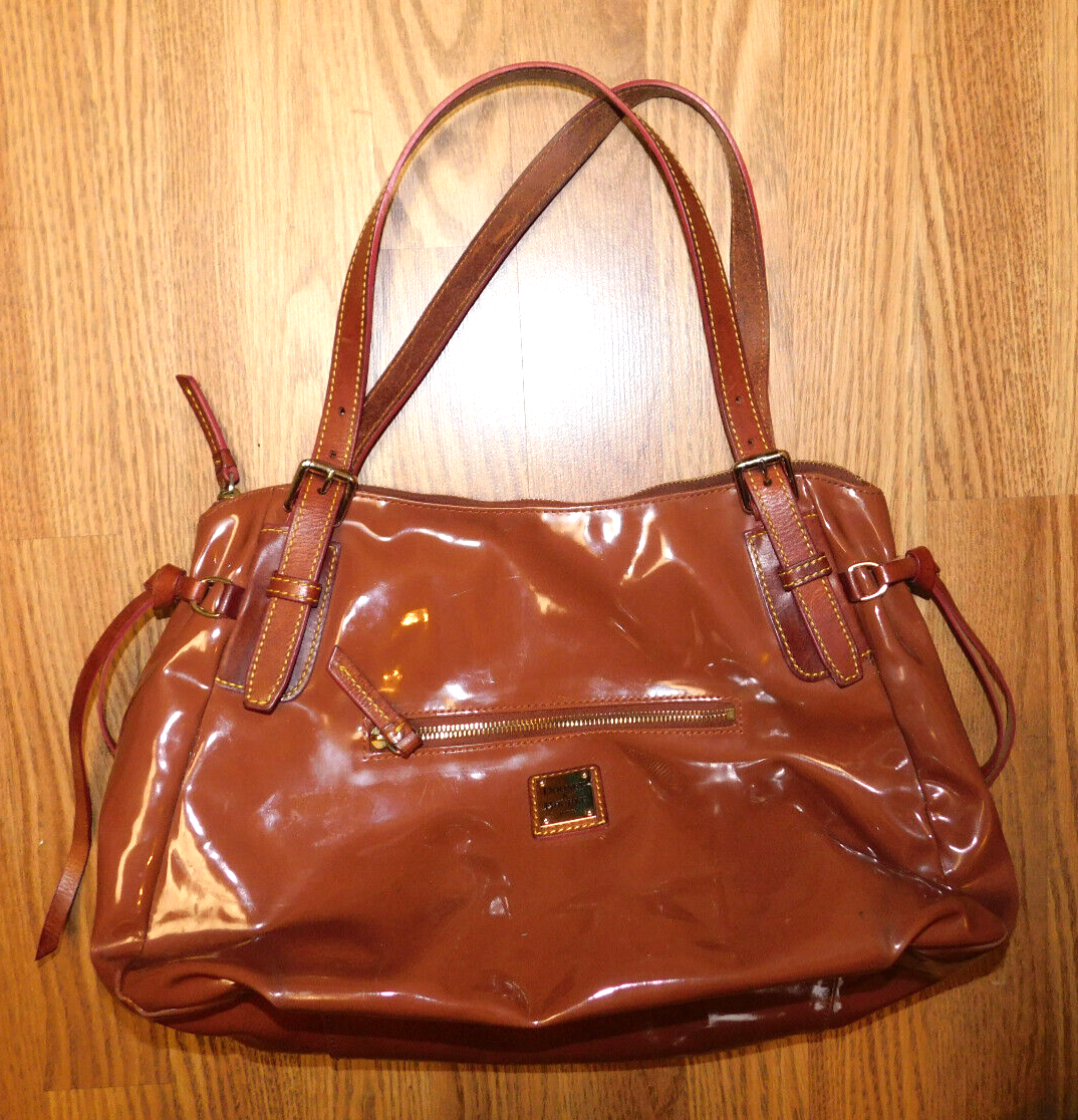Dooney & Bourke Nina Purse Bag Tote, Brown Patent Leather, Large