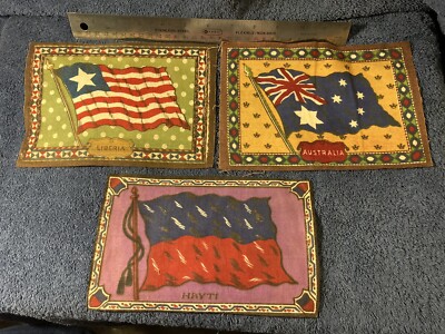 (3) Vintage 1910-1915 Cigar Box Felt Silk Flags,Austra,,Hayti,Liberia 8'' x 5'' h