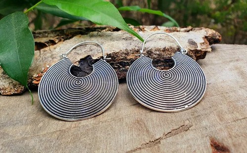 Large Brass Bohemian Gypsy Hoops Tribal Spiral Silver Handmade Hoop Earrings - Picture 3 of 3
