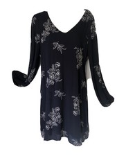Andree Navy Blue Tunic Relaxed Flowing Dress With Ivory Embroider Boho Size L