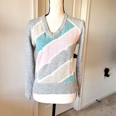 Vintage CAROLL CROSS Silk & Angora Diagonal Striped V-Neck Sweater SZ. Small 