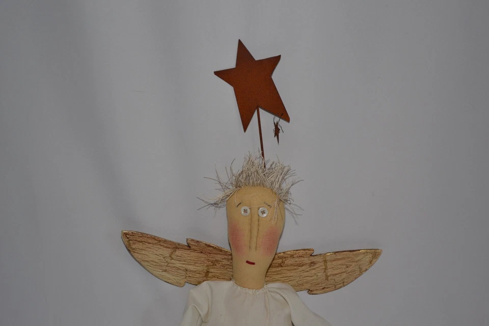 Primitive Handmade Shappy FolkArt Cottage Country Angel with Vintage linen dress - Image 2 of 4