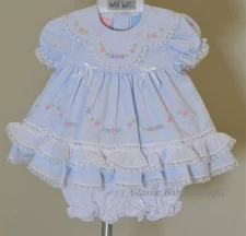 NWT Will'beth Blue Heirloom Lace Ruffle 2pc Dress Newborn Bloomers Girls NB Sz 0