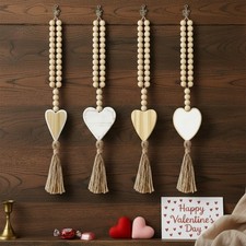 4 Pcs Vintage Valentine's Day Wooden Heart Bead Hanging Ornament Rustic Neutr...