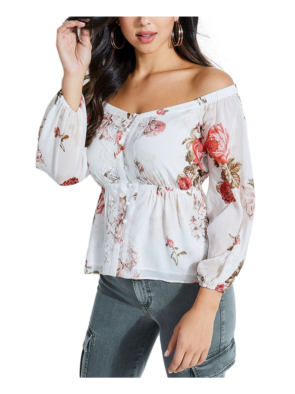 GUESS Womens White Sheer Off Shoulder Long Sleeve Button-Up Top XS