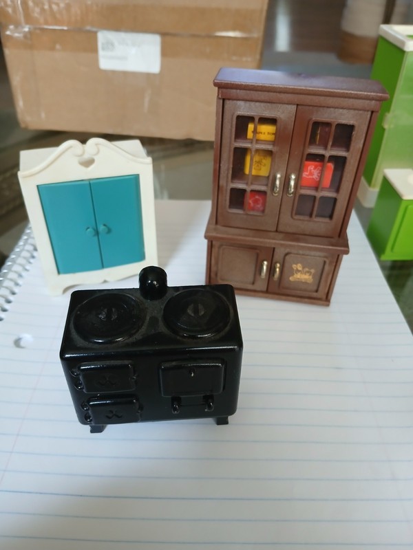 Doll house furniture  black stove  and miscellaneous cabinets set 3 pcs