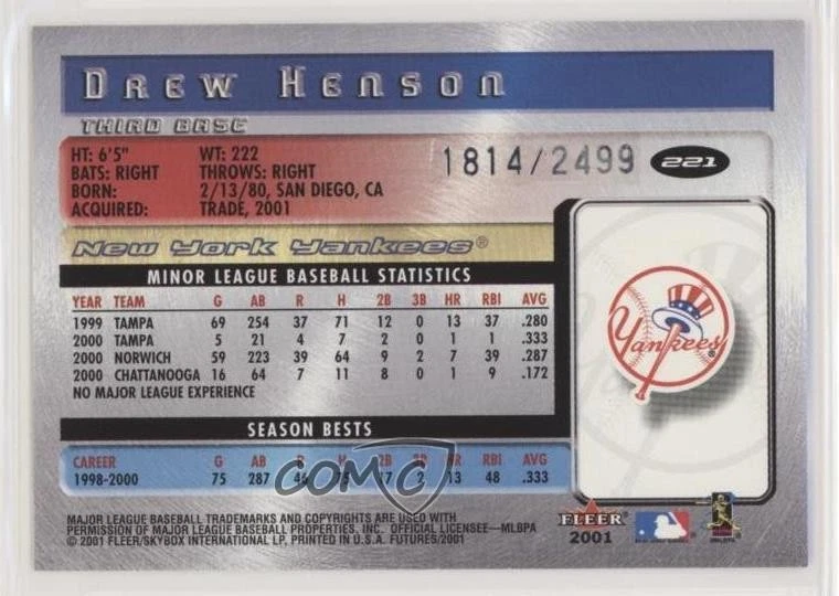 2001 Fleer Futures Bright Futures /2499 Drew Henson #221 Rookie RC - Image 2 of 2