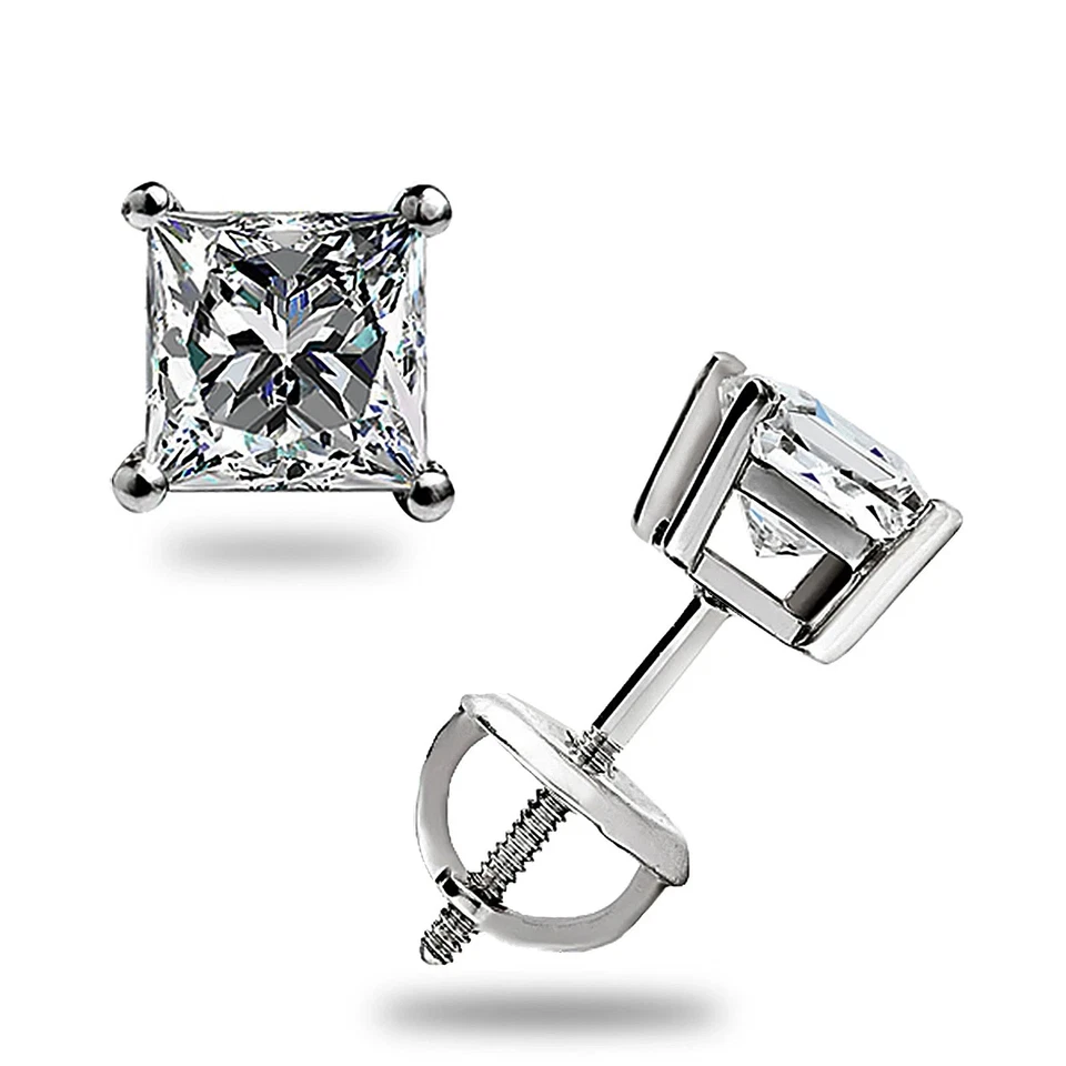 2Ct Princess Cut VVS1/ D Lab Created Stud Earrings 14K White Gold 7mm Screw Back - Image 4 of 4