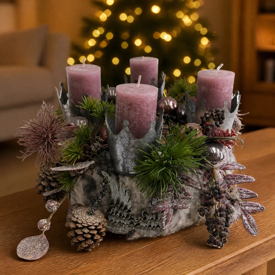 Adventskranz Kerzen Kugeln Kronen Zapfen rosa grau - Bild 1 von 4