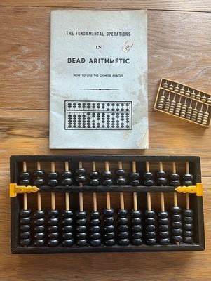 Chinese Wooden Bead Arithmetic Abacus 13 Row & Minature 9 row metal w/book