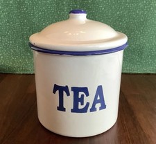 Blue and White Enamelware Tea Canister with Lid