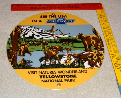 VINTAGE CHEVROLET SEE USA 11 3/4" YELLOWSTONE NATIONAL PARK PORCELAIN METAL SIGN