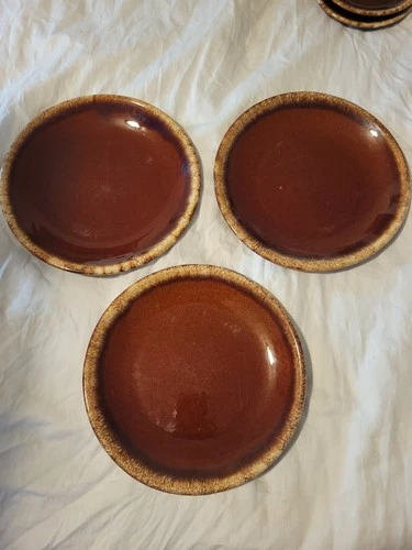 Set Of 3 Hull Brown Drip Rim Dinner Plates 10.5" Oven Proof USA