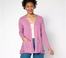 LOGO by Lori Goldstein Cardigan w/Clip Dot Trim-Lilac Rose-Petite Medium A694674