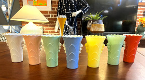 LOT OF 7 FIRE KING DECO VASES VITROCK PINK GREEN YELLOW BLUE ORANGE FREE SHIP!