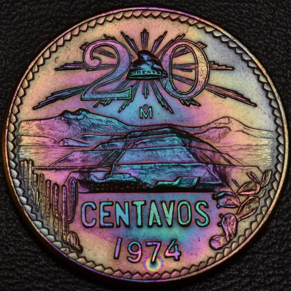 México 20 centavos 1974 magnífico arco iris tonificación OV y rev (L48-24) Foto 2 de 3