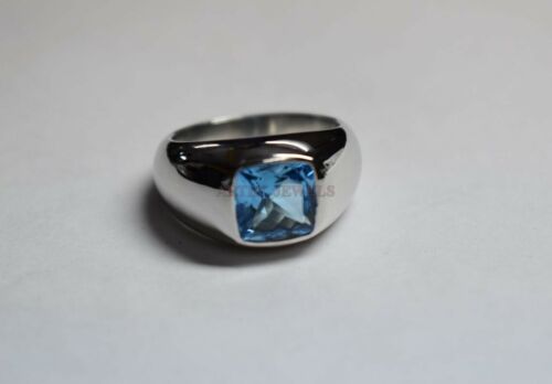Natural Blue Topaz Gemstone with 14K White Gold Plated Silver Ring for Men AJ451 - Picture 1 of 16