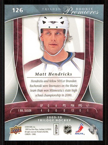 2009-10 Upper Deck Trilogy #126 Matt Hendricks RC /799 - Picture 2 of 2