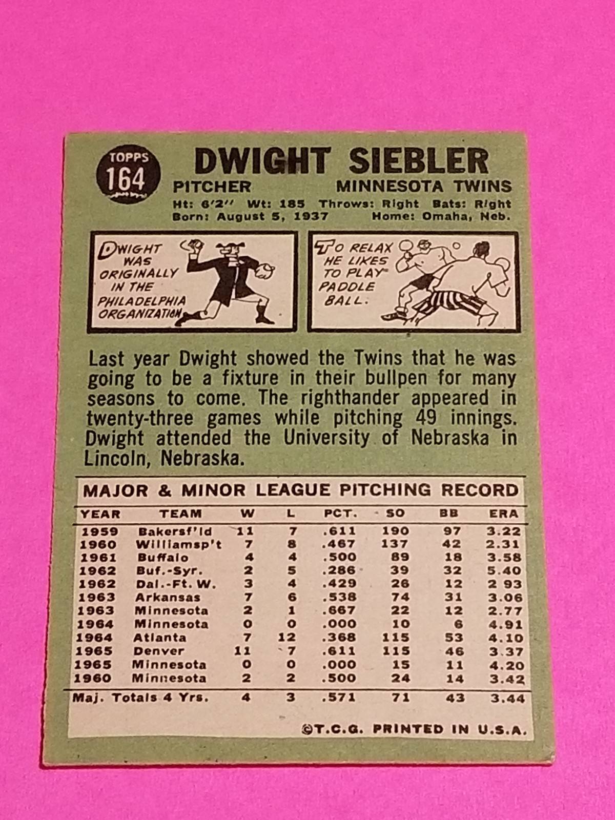 1967 TOPPS ORIGINAL BASEBALL CARD 164 DWIGHT SIEBLER MINNESOTA TWINS